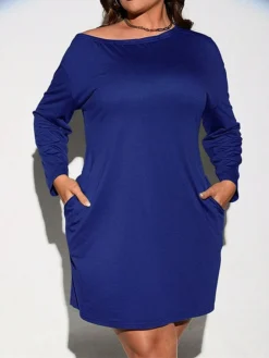 Women's Plus Size Curve Casual Dress Winter Dress T Shirt Dress Tee Dress Plain Mini Dress Long Sleeve Pocket Crew Neck Fashion Outdoor Blue Fall Winter XL XXL 3XL