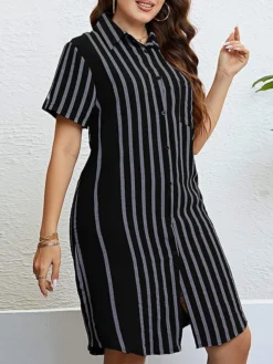 Women‘s Plus Size Curve Shirt Dress Casual Dress Shift Dress Midi Dress Outdoor Daily Vacation Polyester Fashion Modern Shirt Collar Button Pocket Short Sleeve Summer Spring 2023 Regular Fit -HANs Plus Size Style Shop omylvn1691465818637