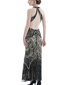 Women's Retro 1920s Sequin Dress Long Dress Maxi Dress Party Evening Party Sequins Backless Geometric Halter Neck Sleeveless Regular Fit Spring Fall 2023 Black Gold S M L XL -HANs Plus Size Style Shop ongpye1692942405411