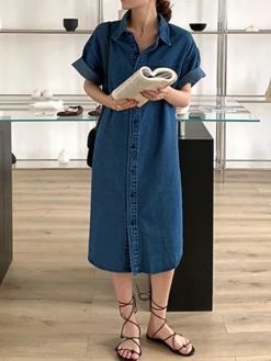 Women's Shift Dress Denim Shirt Dress Midi Dress Denim Fashion Casual Outdoor Daily Vacation Shirt Collar Button Pocket Short Sleeve Summer Spring Fall 2023 Loose Fit Blue Plain S M L XL