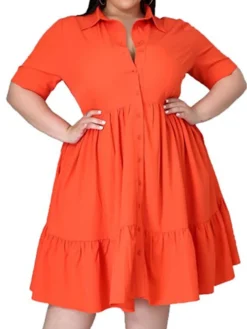 Women's Plus Size Easter Dress Shirt Dress Solid Color Shirt Collar Ruched Half Sleeve Spring Fall Casual Preppy Knee Length Dress Casual Daily Dress