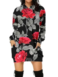 Women's Casual Dress Hoodie Dress Mini Dress Fashion Daily Outdoor Going Out Weekend Hoodie Pocket Floral Print Loose Fit Black Red Blue S M L XL XXL -HANs Plus Size Style Shop oodpef1694427872720