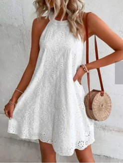 Women's Casual Dress Cut Out Dress White Dress Plain Hollow Out Halter Mini Dress Active Fashion Outdoor Daily Sleeveless Regular Fit White Summer Spring S M L XL XXL