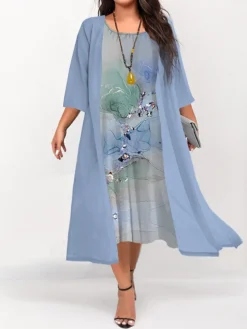 Women's Plus Size Curve Two Piece Dress Set Casual Dress Swing Dress Outdoor Daily Fashion Elegant Print Midi Dress Crew Neck 3/4 Length Sleeve Ombre Marble Print Pink Blue Green Fall Winter S M -HANs Plus Size Style Shop oomfeu1692935542940