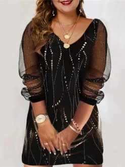 Women‘s Plus Size Curve Casual Dress Heart V Neck Long Sleeve Fall Spring Casual Mini Dress Daily Vacation Dress -HANs Plus Size Style Shop oomhji1671607984308