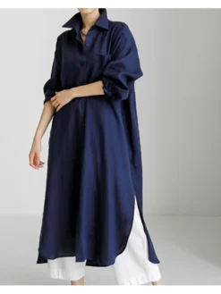 Women's Shirt Dress Casual Dress Linen Dress Maxi Long Dress Winter Dress Daily Holiday Polyester Casual Mature Shirt Collar Zipper Button Long Sleeve Summer Spring Fall 2023 Loose Fit Black Navy -HANs Plus Size Style Shop oovrso1679046680908