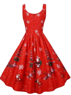 Women's Christmas Knee Length Dress Purple Black Red Navy Blue Light Blue Sleeveless Print Bow Print Fall Winter V Neck Casual Vintage2021 S M L XL XXL -HANs Plus Size Style Shop ooxxox1630043266524