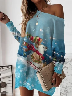 Women‘s Christmas Casual Dress Sweatshirt Dress Mini Dress Warm Fashion Outdoor Holiday Crew Neck Print Animal Snowman Loose Fit White Red Burgundy S M L XL XXL -HANs Plus Size Style Shop ooyjxp1694427873450
