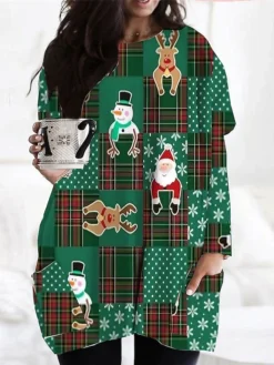 Women‘s Plus Size Christmas Dress Casual Dress Color Block Long Sleeve Winter Fall Casual Festival Mini Dress Going Out Dress