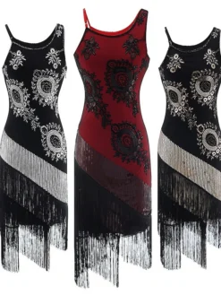 Women's Retro 1920s Fringe Dress Midi Dress Party Halloween Sequins Tassel Fringe Floral Spaghetti Strap Sleeveless Regular Fit Spring Fall 2023 Silver Red S M L XL