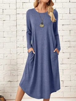 Women's T Shirt Dress Tee Dress Linen Dress Black Dress Midi Dress Black Wine Light Grey Long Sleeve Pure Color Pocket Summer Spring Crew Neck Classic Winter Dress Fall Dress Loose Fit 2023 S M L XL -HANs Plus Size Style Shop orauos1661924826903