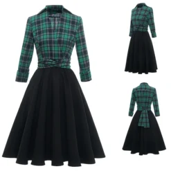 Women‘s Christmas Tartan Dress Vintage Dress Mini Dress Green Long Sleeve Plaid Patchwork Print Winter Fall Shirt Collar Vintage Casual Traditional Fall Dress 2022 S M L XL 2XL / Winter Dress