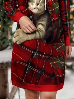 Women's Christmas Dress Hoodie Dress Mini Dress Warm Fashion Outdoor Christmas Holiday Hoodie Print Geometric Cat Loose Fit Wine S M L XL XXL -HANs Plus Size Style Shop ormegx1697633947996