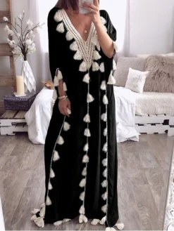 Women's Long Dress Maxi Dress Casual Dress Swing Dress Kaftan Dress Print Fashion Streetwear Outdoor Daily Vacation Tassel Fringe Patchwork Short Sleeve V Neck Dress Loose Fit Black White Light Purple -HANs Plus Size Style Shop orrwzu1676277795962