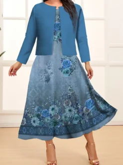 Women's Plus Size Curve Two Piece Dress Set Casual Dress Swing Dress Outdoor Office Fashion Streetwear Print Midi Dress Crew Neck Long Sleeve Floral Ombre Navy Blue Blue Brown Fall Winter L XL