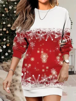 Women's Christmas Casual Dress Sweatshirt Dress Mini Dress Warm Fashion OutdoorVacation Crew Neck Print Snowflake Loose Fit Wine Navy Blue Blue S M L XL XXL