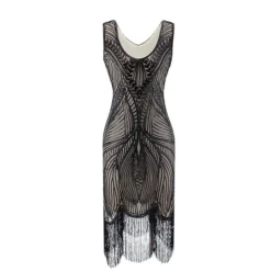 Women's Retro 1920s Fringe Dress Midi Dress Party Halloween Sequins Tassel Fringe Leaf Deep U Sleeveless Regular Fit Spring Fall 2023 Silver Black S M L XL -HANs Plus Size Style Shop osjrml1692858225584