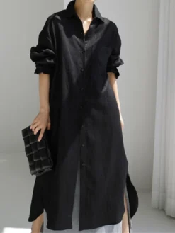Women's Shirt Dress Casual Dress Linen Dress Maxi Long Dress Winter Dress Daily Holiday Polyester Casual Mature Shirt Collar Zipper Button Long Sleeve Summer Spring Fall 2023 Loose Fit Black Navy -HANs Plus Size Style Shop oswlmd1655346769818
