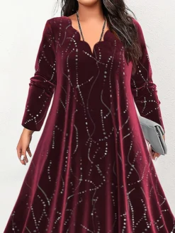 Women's Plus Size Curve Party Dress Velvet Dress Swing Dress Gradient Long Dress Maxi Dress Long Sleeve Print V Neck Fashion Party Wine Green Fall Winter L XL XXL 3XL 4XL -HANs Plus Size Style Shop otcayh1694422499548