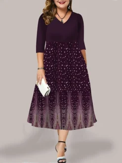 Women's Plus Size Curve Casual Dress Work Dress Swing Dress Floral Long Dress Maxi Dress 3/4 Length Sleeve Pocket Print V Neck Fashion Outdoor Black Blue Fall Winter L XL XXL 3XL 4XL