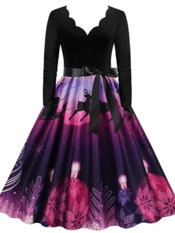 Women's Christmas Party Dress Swing DressKnee Length Dress Green Purple Wine Red Black Long Sleeve Santa Claus Elk Snowman Print Fall Winter V Neck Vintage Party Elegant Party 2022 S M L XL XXL 3XL -HANs Plus Size Style Shop othiti1665475511599