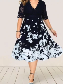 Women‘s Plus Size Curve Party Dress Floral V Neck Lace Half Sleeve Fall Spring Work Vintage Midi Dress Daily Vacation Dress Homecoming Dress Print -HANs Plus Size Style Shop otskqt1631239363567