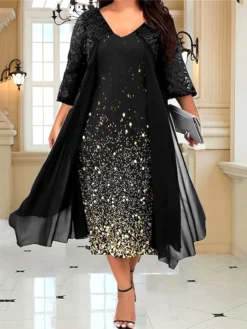 Women's Plus Size Curve Party Dress Lace Dress Cocktail Dress Gradient Midi Dress 3/4 Length Sleeve Lace Patchwork V Neck Fashion Party Gold Fall Winter L XL XXL 3XL 4XL