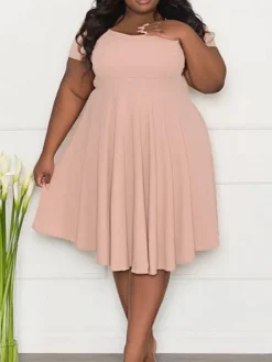 Women‘s Plus Size Curve Casual Dress A Line Dress Solid Color Midi Dress Short Sleeve Ruched Square Neck Fashion Outdoor Black Pink Summer Spring XL XXL 3XL 4XL 5XL -HANs Plus Size Style Shop otufat1678870575510