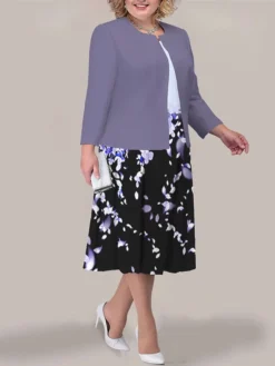 Women's Plus Size Curve Two Piece Dress Set Casual Dress Print Dress Outdoor Office Fashion Streetwear Print Midi Dress Crew Neck Long Sleeve Floral Black Light Green Blue Fall Winter L XL XXL -HANs Plus Size Style Shop otxflh1693295636680