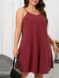 Women's Plus Size T Shirt Dress Casual Dress Shift Dress Plain Backless V Neck Mini Dress Fashion Streetwear Outdoor Street Sleeveless Loose Fit Wine Summer Spring XL XXL 3XL -HANs Plus Size Style Shop otxvek1692341599949