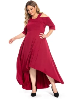 Women‘s Plus Size Curve Party Dress Swing Dress Formal Dress Solid Color Midi Dress Half Sleeve Hollow Out Plus High Low V Neck Elegant Party Black White Summer Spring L XL XXL 3XL 4XL -HANs Plus Size Style Shop otyard1694769367196