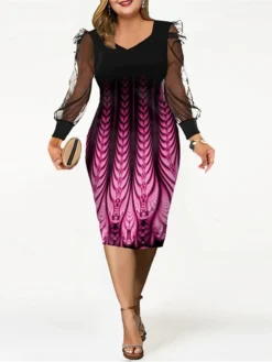 Women‘s Plus Size Curve Apple Shaped Dress Wedding Guest Work Dress Floral Square Neck Long Sleeve Winter Fall Fashion Elegant Modern Midi Dress Office Work Dress -HANs Plus Size Style Shop oueezn1671072135637