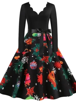 Women's Christmas Casual Dress Swing Dress Vintage Dress Midi Dress Black Wine Orange Long Sleeve Animal Bow Winter Fall Autumn V Neck 2022 S M L XL XXL 3XL -HANs Plus Size Style Shop oujgcs1666853155050