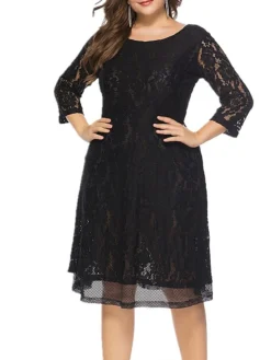 Women's Plus Size Curve Party Dress Lace Dress Solid Color Midi Dress 3/4 Length Sleeve Lace Patchwork Crew Neck Fashion Wedding Black Spring Fall XL XXL 3XL 4XL 5XL