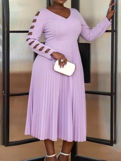 Women's Plus Size Curve Party Dress Work Dress Swing Dress Plain Midi Dress Long Sleeve Pleated Cut Out V Neck Fashion Party Purple Fall Winter XL XXL 3XL 4XL