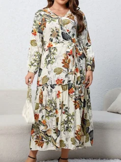 Women's Casual Dress Swing Dress Print Dress Leaf Floral Ruffle Print V Neck Long Dress Maxi Dress Fashion Streetwear Outdoor Daily Long Sleeve Regular Fit Blue Apricot Fall Winter XL XXL 3XL 4XL -HANs Plus Size Style Shop ouxkud1697539483055