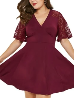 Women‘s Plus Size Curve Party Dress Solid Color V Neck Ruched Short Sleeve Fall Spring Casual Prom Dress Maxi Long Dress Casual Daily DressHomecoming DressLace -HANs Plus Size Style Shop ovepmy1640249954518