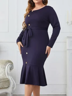Women‘s Plus Size Curve Work Dress Sheath Dress Semi Formal Dress Fashion Midi Dress Lace Up Ruffle Crew Neck Long Sleeve Plain Regular Fit Navy Blue Spring Fall XL XXL 3XL 4XL