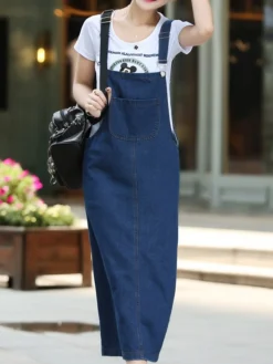 Women's Denim Dress Denim Overall Pinafore Dress Maxi Long Dress Denim Basic Casual Daily Holiday Vacation Square Neck Pocket Split Sleeveless Summer Spring Fall 2023 Regular Fit Blue Pure Color S M