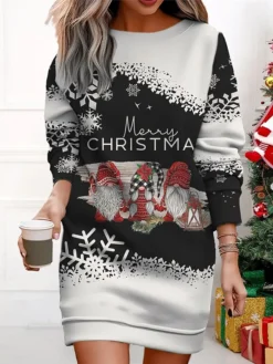 Women's Christmas Casual Dress Sweatshirt Dress Mini Dress Warm Fashion OutdoorVacation Crew Neck Print Geometric Santa ClausTree Loose Fit Black White Wine S M L XL XXL -HANs Plus Size Style Shop ovxven1695365434125