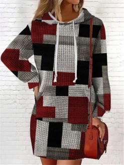 Women's Casual Dress Hoodie Dress Mini Dress Warm Fashion Outdoor Vacation Going Out V Neck Pocket Print Floral Geometric Loose Fit Pink Burgundy Blue S M L XL XXL -HANs Plus Size Style Shop ovybqy1694166440525