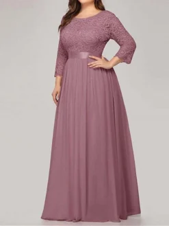 Women's Plus Size Curve Prom Dress Party Dress Lace Dress Long Dress Maxi Dress White Pink Wine 3/4 Length Sleeve Pure Color Lace Spring Fall Winter Crew Neck Fashion Birthday Evening Party -HANs Plus Size Style Shop owabpt1692156792003