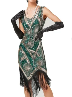 Women‘s Halloween Dress Retro Elegant Vintage Dress Midi Dress Party Sequins Tassel Fringe Geometric V Neck Sleeveless Regular Fit Summer Spring 2023 Black Red XS S M L -HANs Plus Size Style Shop owgktn1676625836558