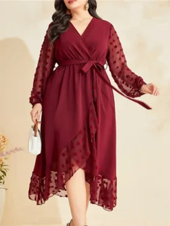 Women's Plus Size Prom Dress Party Dress Wedding Guest Dress Long Dress Maxi Dress Wine Long Sleeve Pure Color Lace Up Fall Winter Autumn V Neck Fashion Winter Dress Wedding Guest Evening Party Loose -HANs Plus Size Style Shop owmeue1693205396661