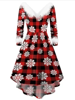 Women's Christmas Casual Dress Swing Dress Light Pink Wine Red White Black Long Sleeve Elk SnowmanTree Feather Print Winter Fall V Neck Vintage ElegantFall Dress 2022 S M L XL XXL