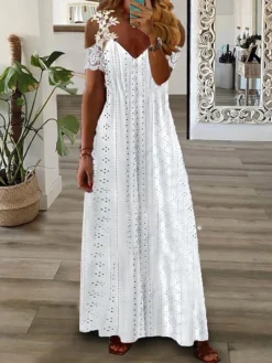 Women's Long Dress Maxi Dress Casual Dress Lace Dress White Dress Plain Fashion Casual Outdoor Daily Lace Cold Shoulder Short Sleeve V Neck Dress Regular Fit White Summer Spring S M L XL XXL