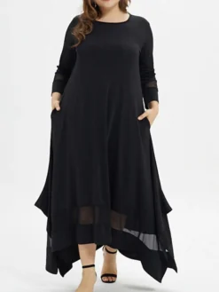 Women‘s Plus Size Curve Casual Dress Pure Color Crew Neck 3/4 Length Sleeve Spring Fall Casual Maxi Long Dress Daily Vacation Dress Black Dress