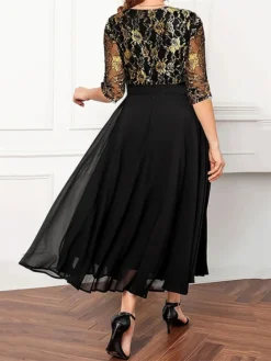 Women's Plus Size Curve Party Dress Chiffon Dress Swing Dress Floral Long Dress Maxi Dress 3/4 Length Sleeve Mesh Patchwork V Neck Fashion Party Black Fall Winter L XL XXL 3XL 4XL -HANs Plus Size Style Shop oxbark1694487742047
