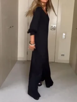 Women's Casual Dress Black Dress Plain Dress Long Dress Maxi Dress Split Daily Date Going Out Fashion Basic V Neck Long Sleeve 2023 Regular Fit Black Color S M L XL XXL Size -HANs Plus Size Style Shop oxcjws1690960575237