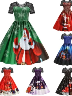 Women's Christmas Knee Length Dress Blue Purple Wine Green Black Red Short Sleeve Print Lace Print Fall Winter Round Neck CasualRegular Fit 2021 S M L XL XXL 3XL